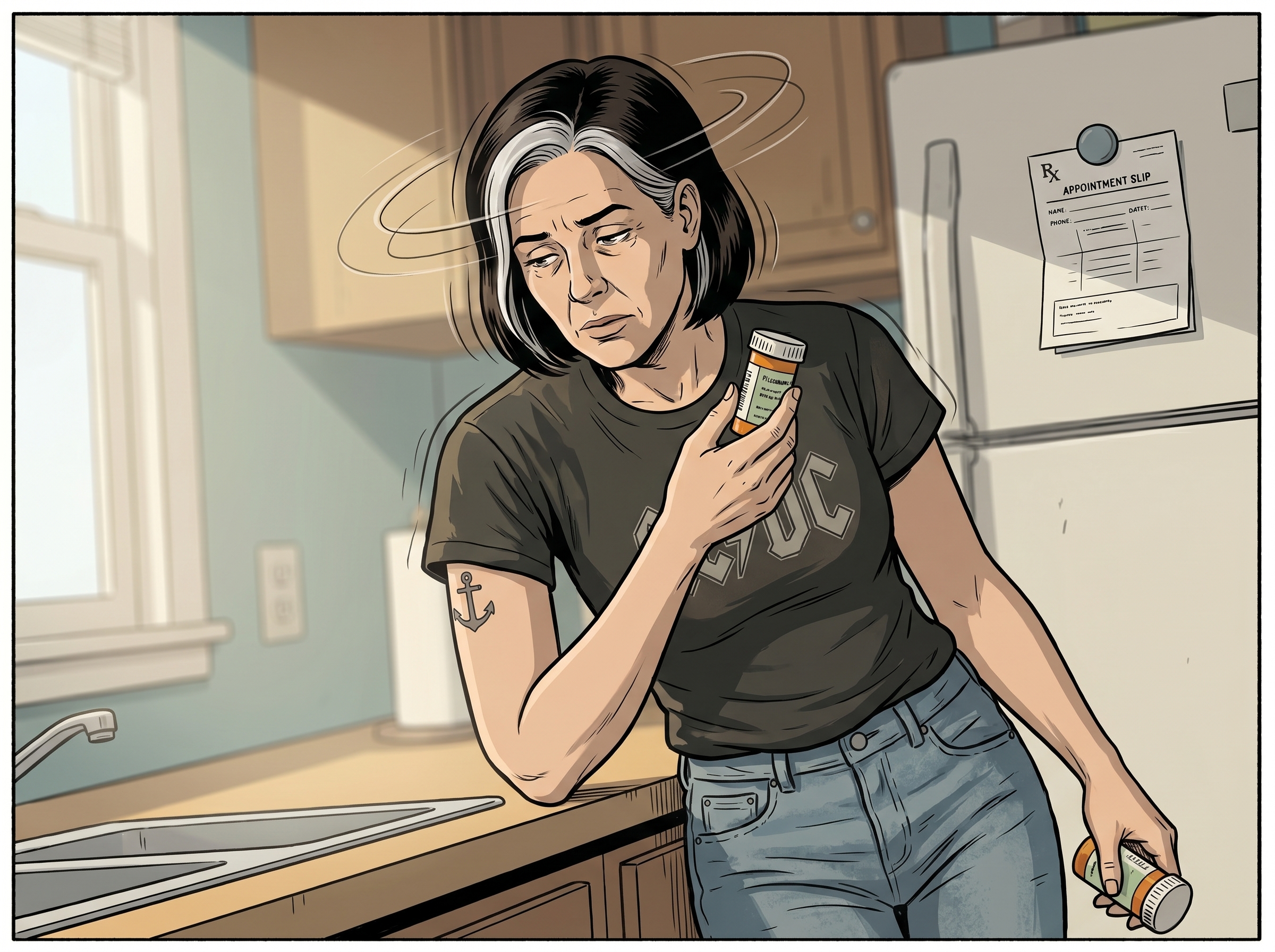 A woman in a kitchen, head tilted with subtle dizziness, scrutinizing the label of one prescription bottle while holding another in her other hand.