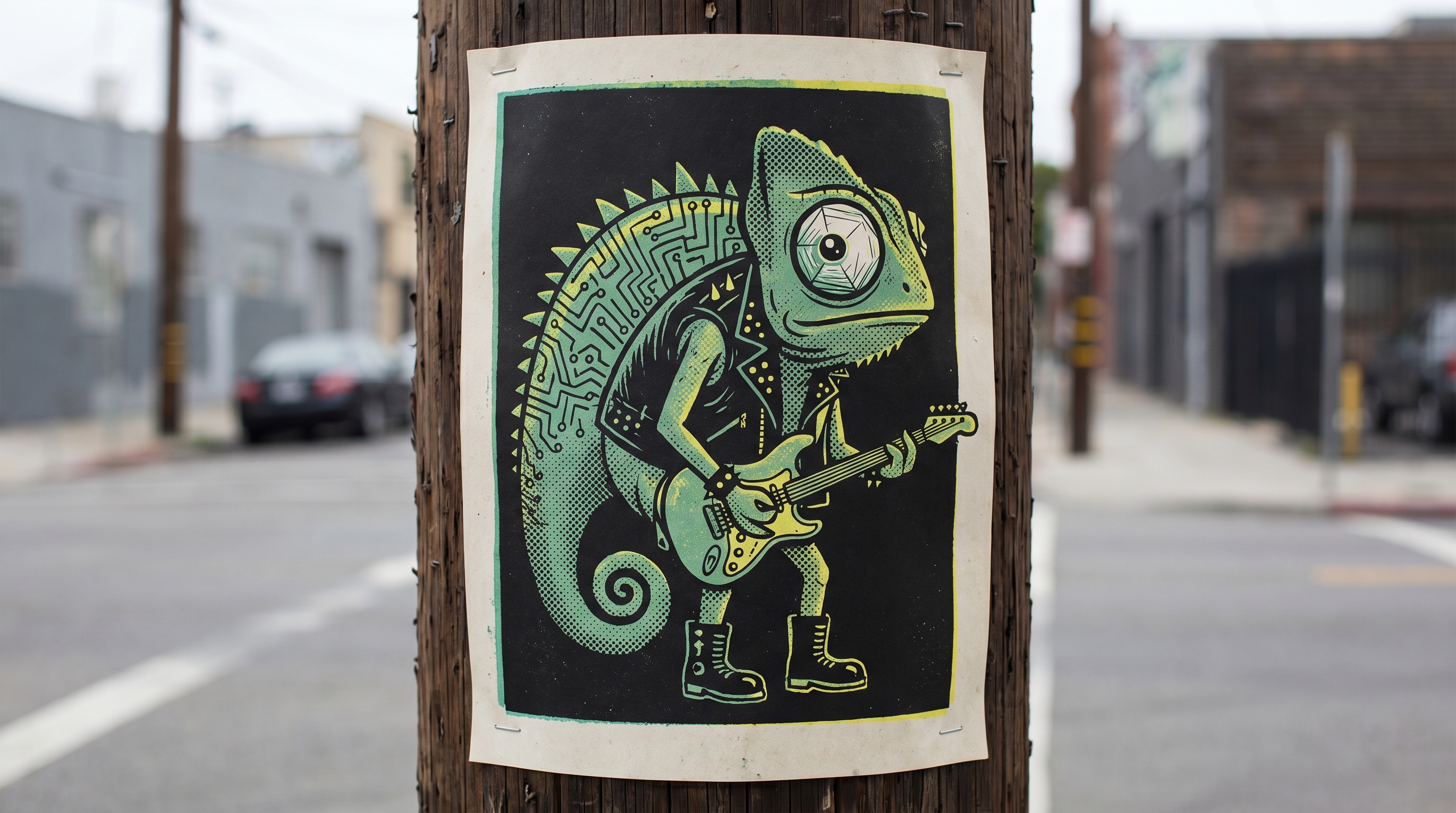 A chameleon photographed in profile against deep black, with subtle circuit patterns rendered into its scales.
