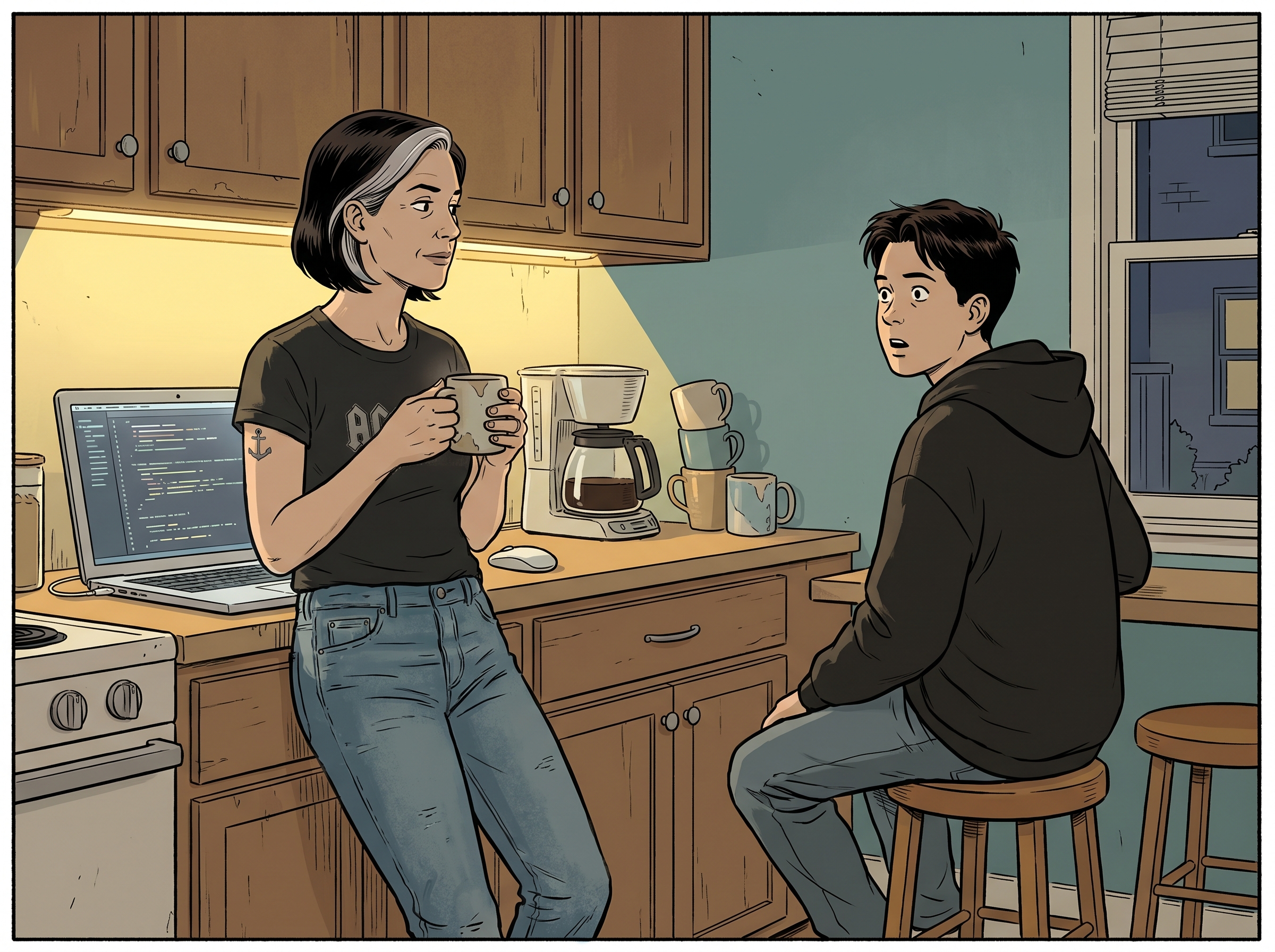 A teenager and his mother at a small kitchen table at dusk; the boy glances sideways at her, surprised.