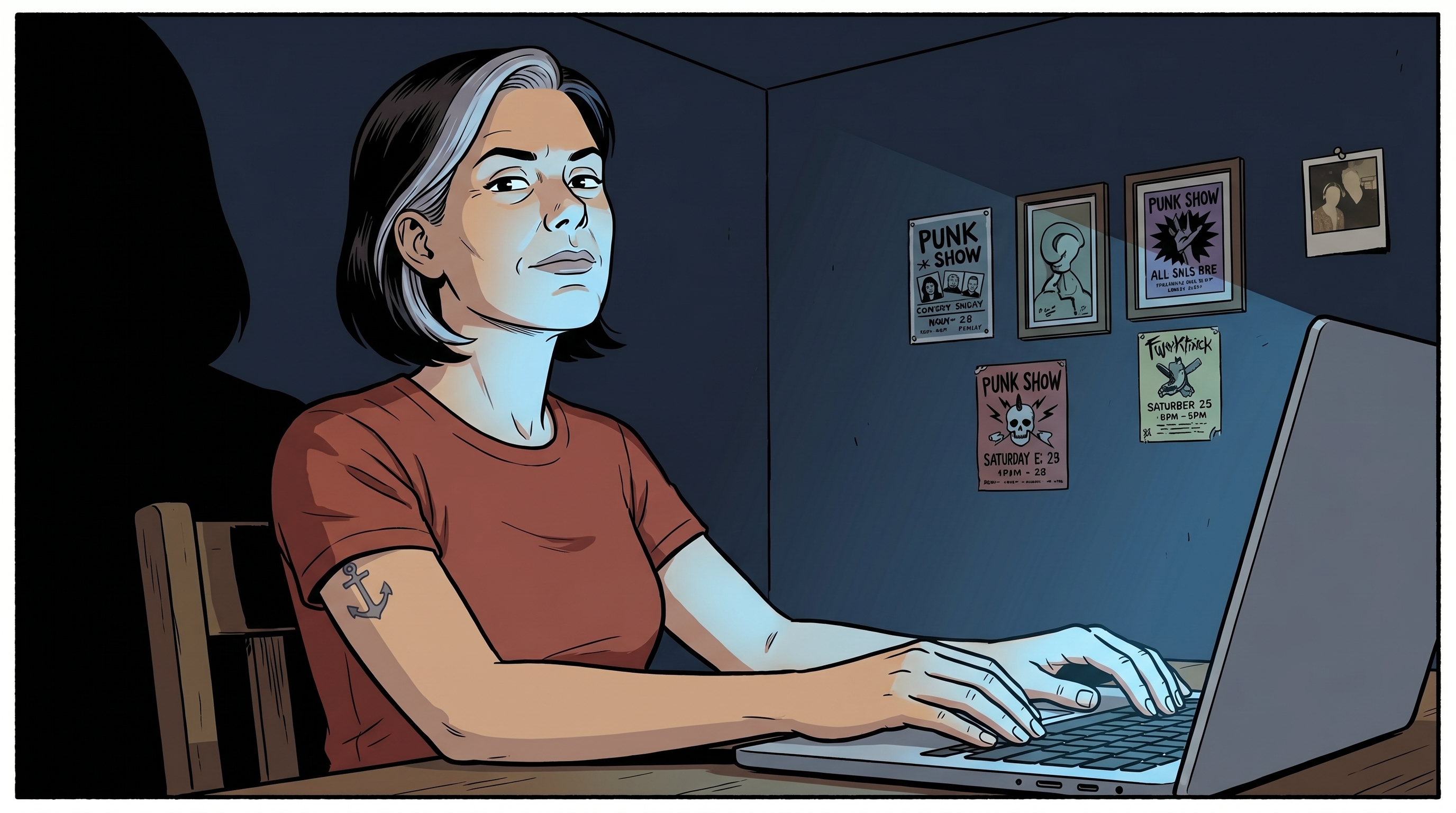 A close shot of a woman at a laptop, the screen glow lighting the underside of her face in an otherwise dark room.