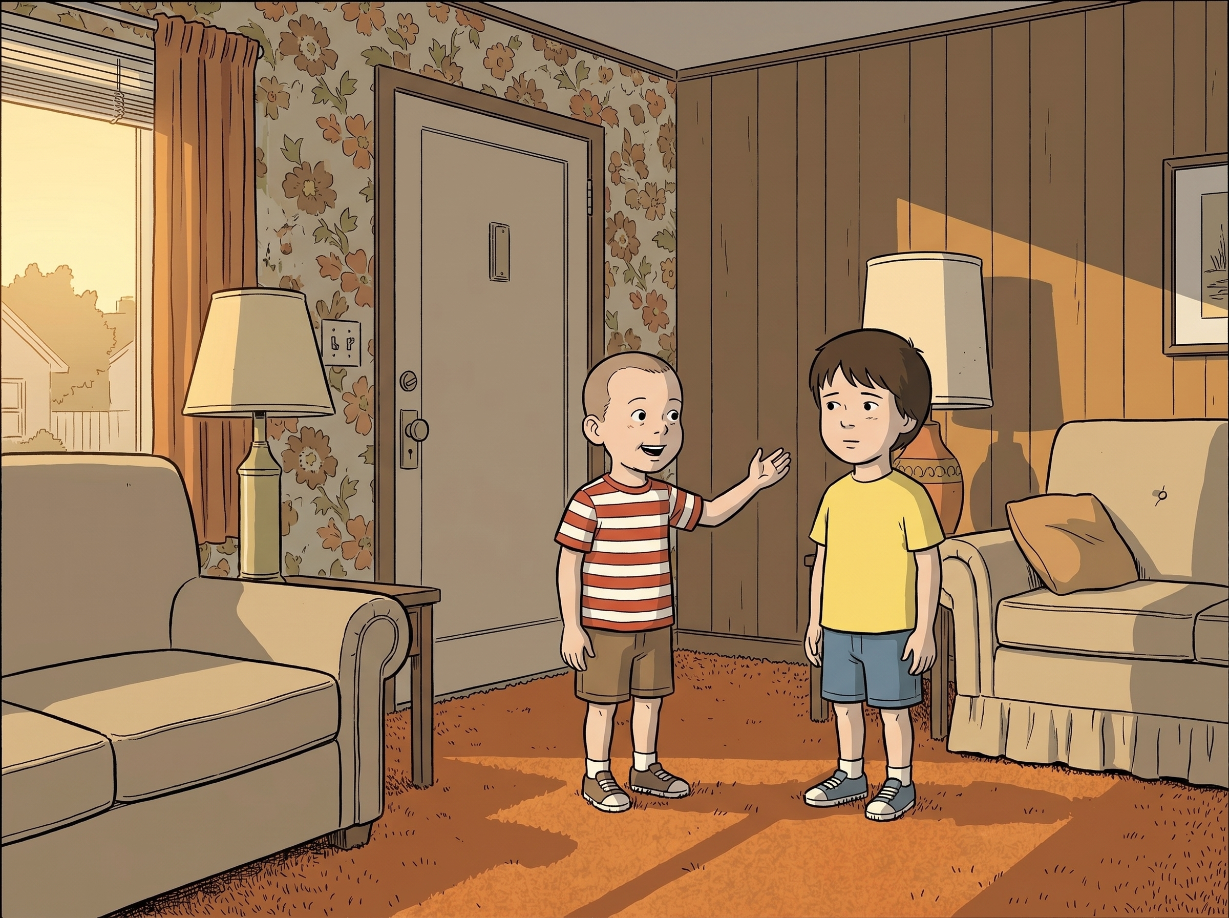 Two five-year-olds in a 1970s living room — JC asking Paul if he wants to walk back to the school after kindergarten.