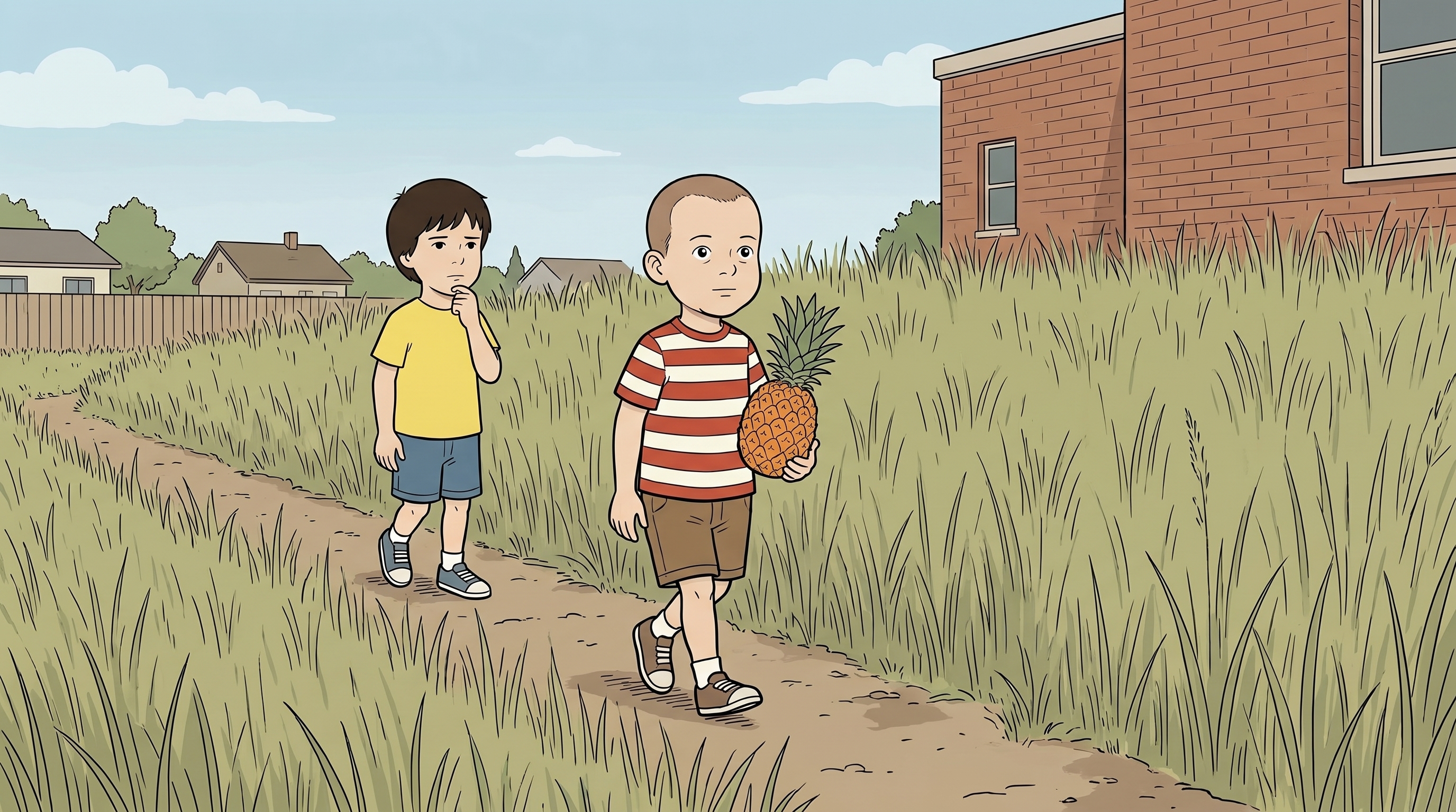 The two boys walking single-file down a path cut through tall grass; JC carrying a small pineapple.