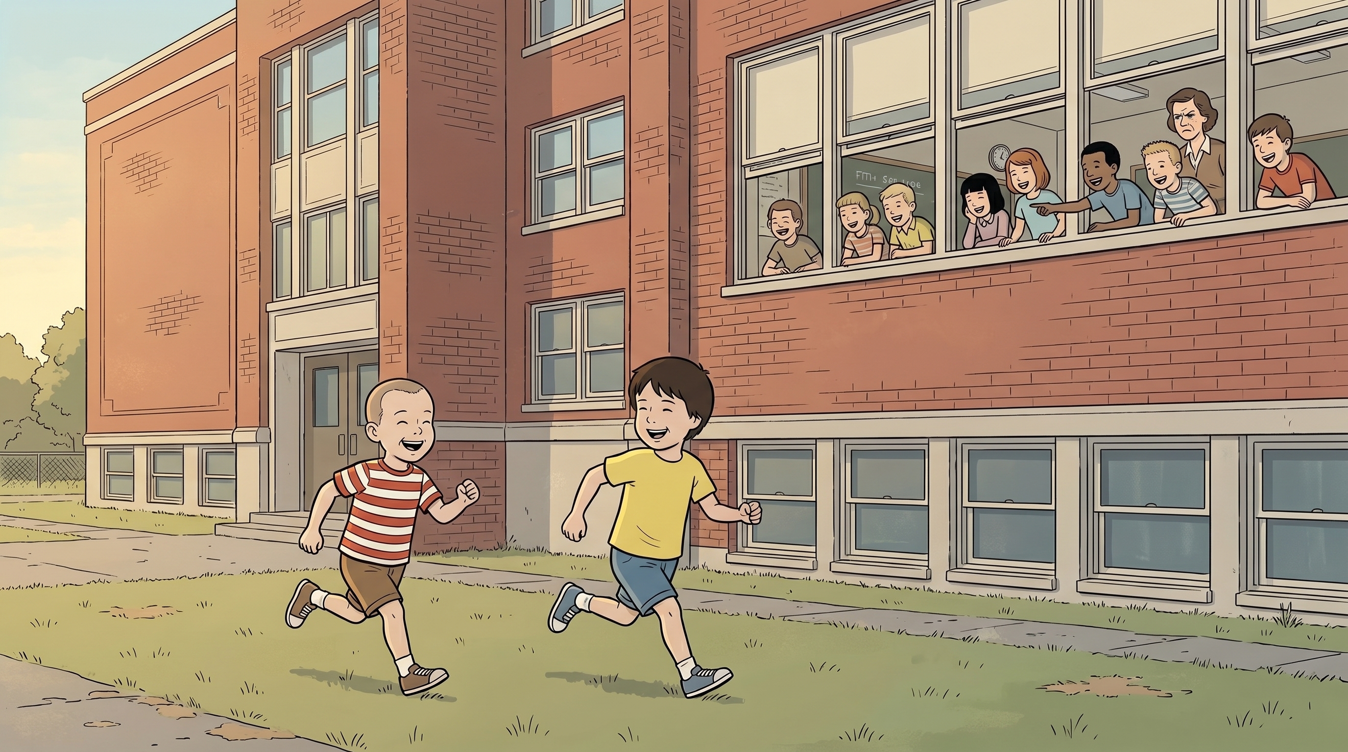 JC and Paul playing tag on the playground while fifth graders lean out of open second-floor classroom windows laughing.