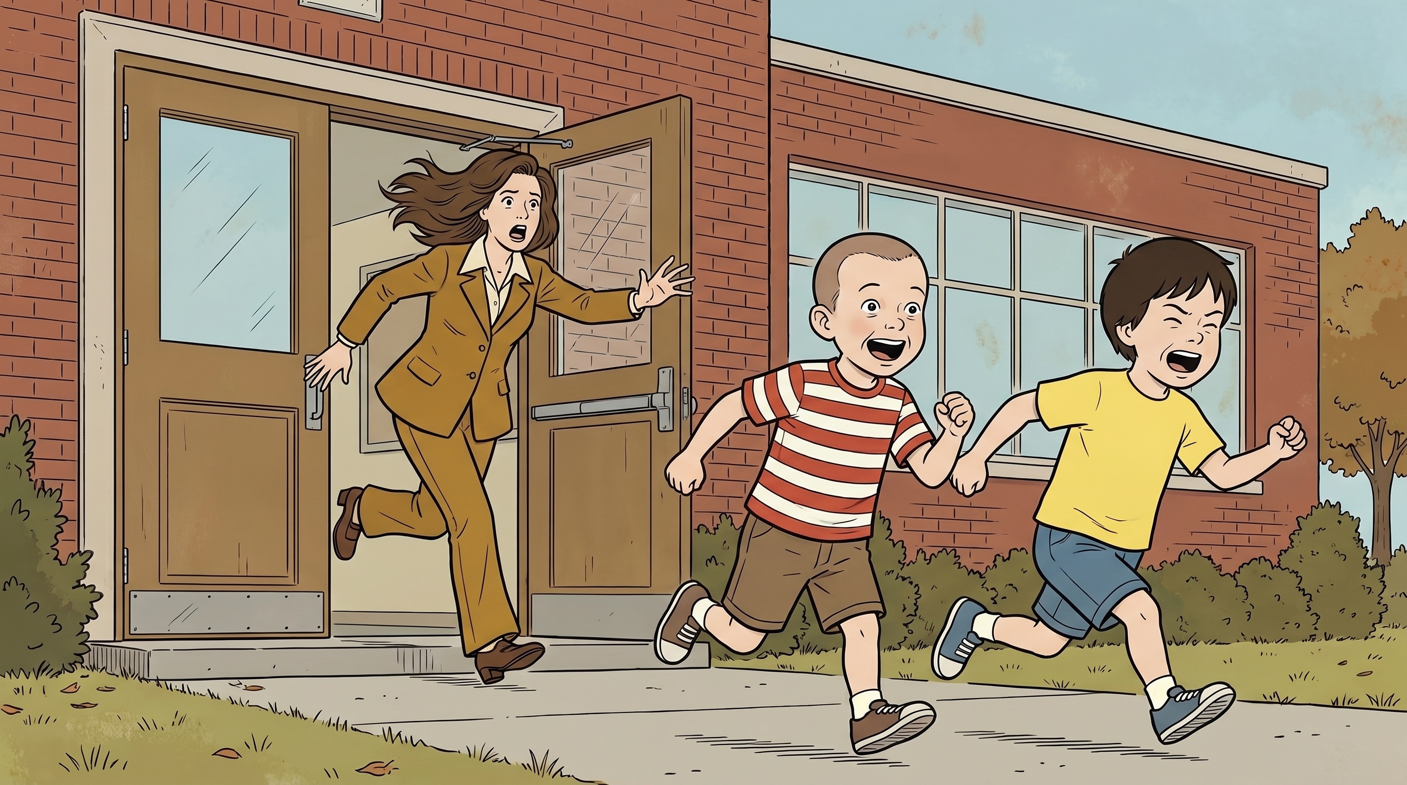 A teacher bursting out of the back of the school as JC and Paul sprint away in the foreground.