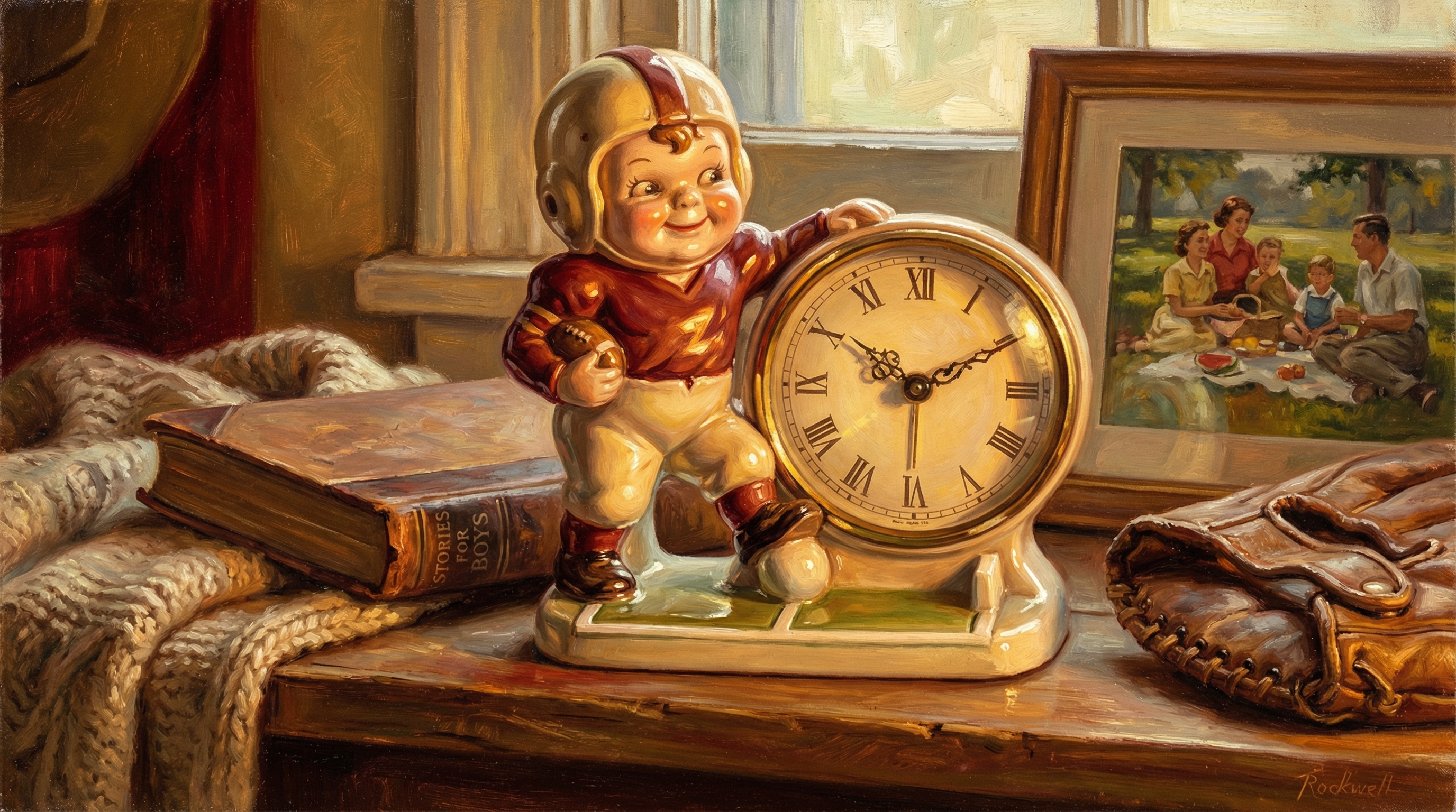 A small ceramic alarm clock shaped like a smiley football kid in a helmet, tucking the ball next to a standard analog clock face.