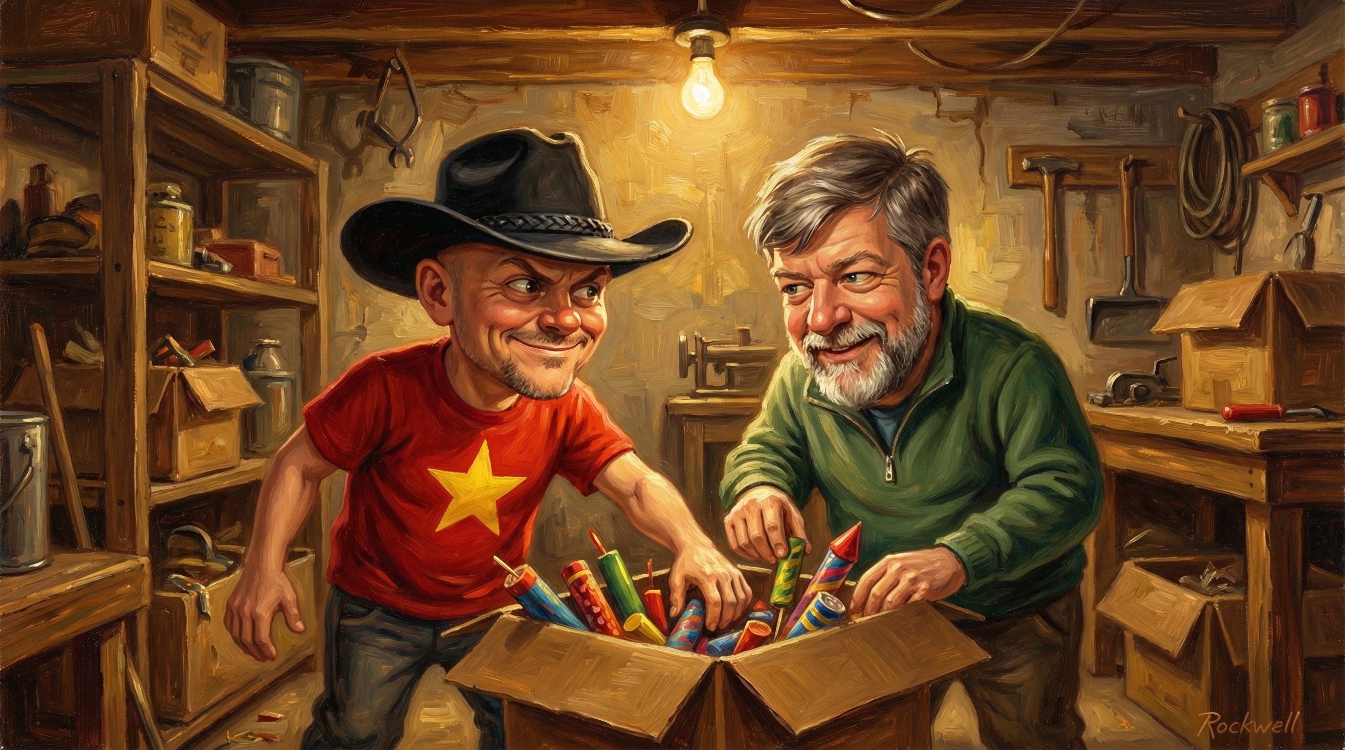 Two kids inspecting a small stash of unwrapped firecrackers, eyes wide.