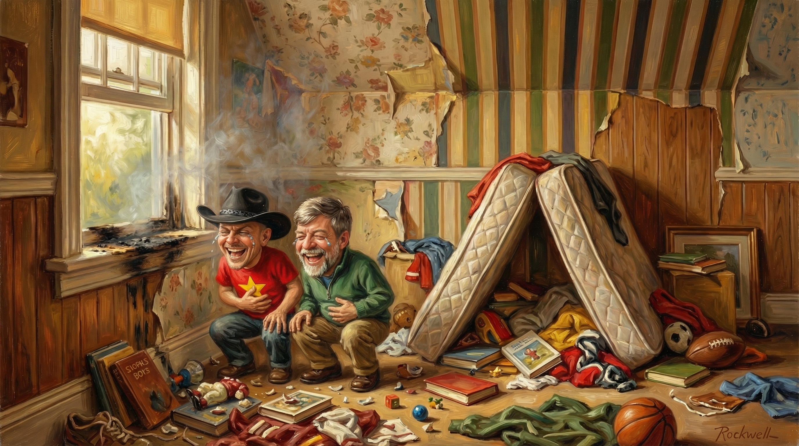 The two kids hiding behind the upturned mattress, doubled over laughing.