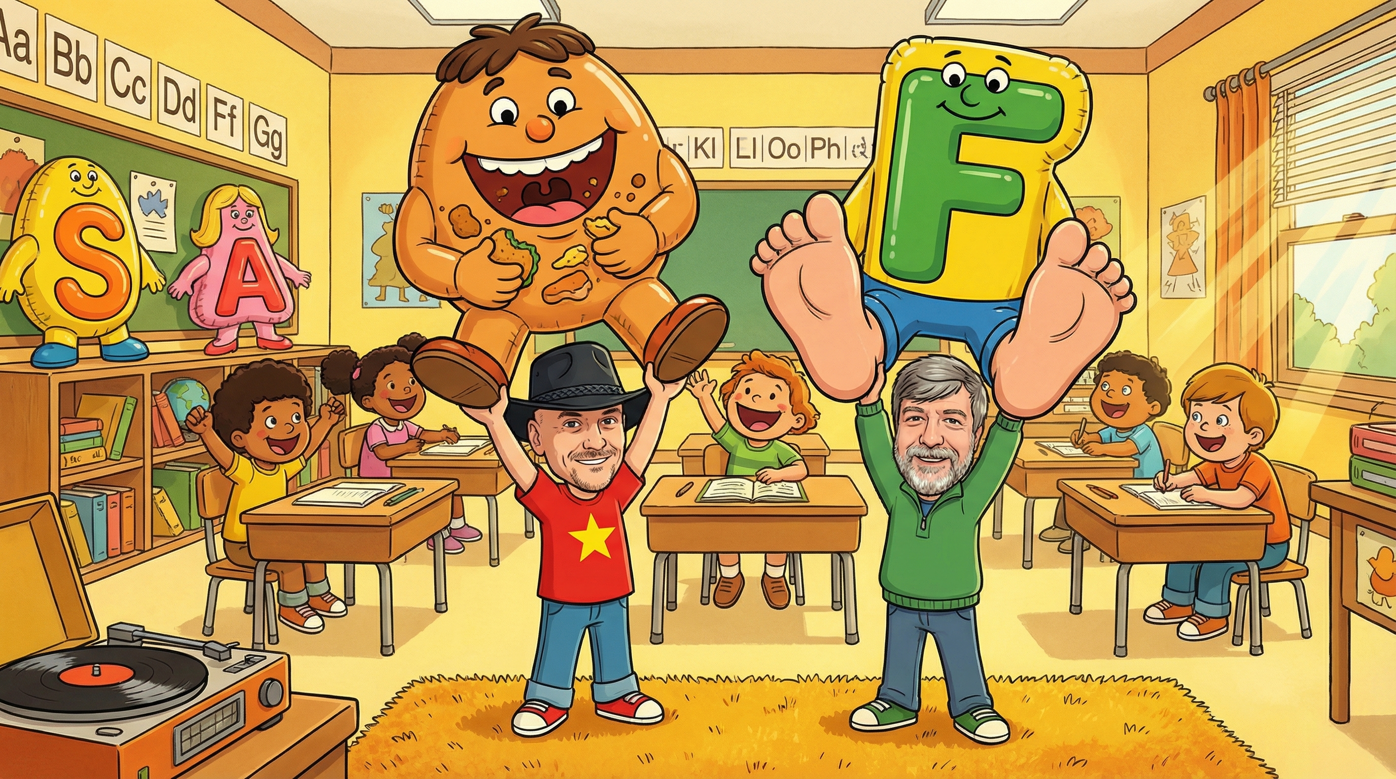 A kindergarten classroom with the Letter People characters lining the walls — Mr. M with Munching Mouth, Miss O the Obstinate, Mr. F's Funny Feet.