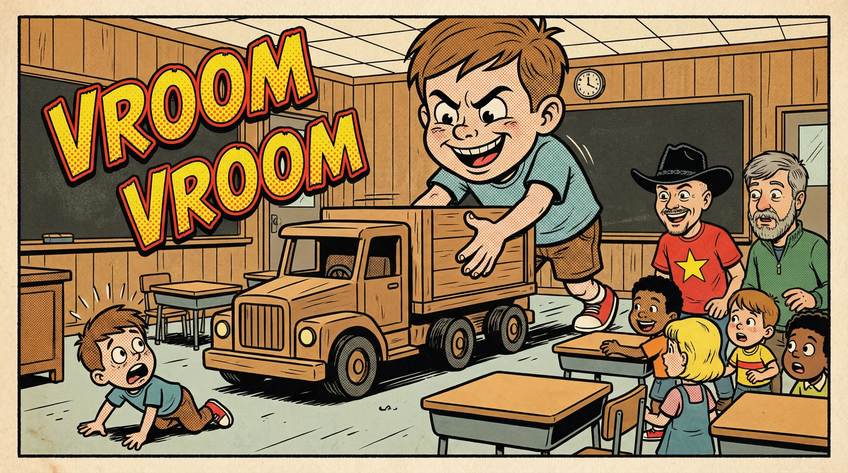 A very large kindergartner pushing a hefty wooden toy truck across the floor, oblivious; another kid sitting in its path.