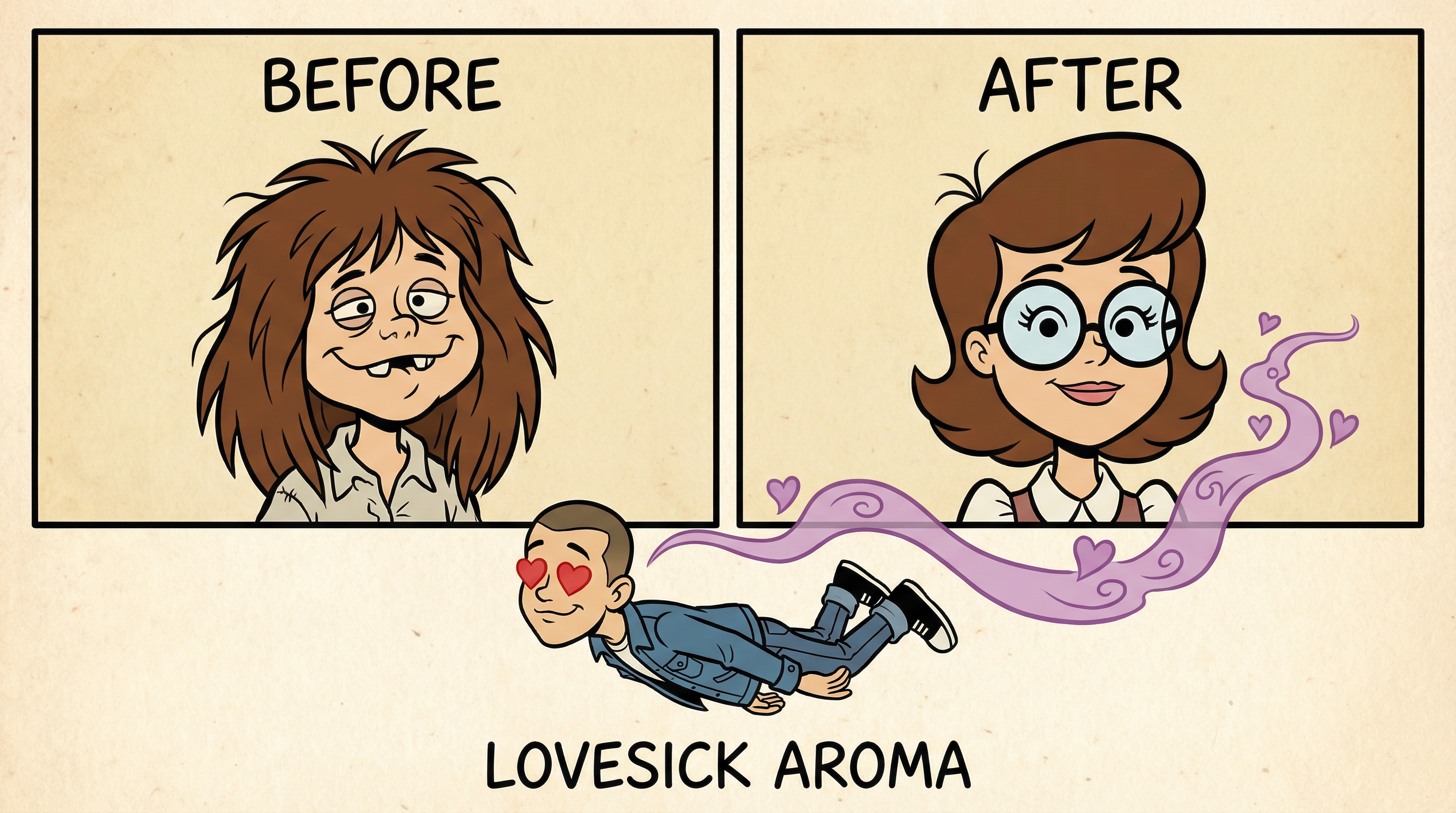 Sagoots, suddenly soft, drifting after a girl named Lynn — Hanna-Barbera-style hearts and a perfume cloud.