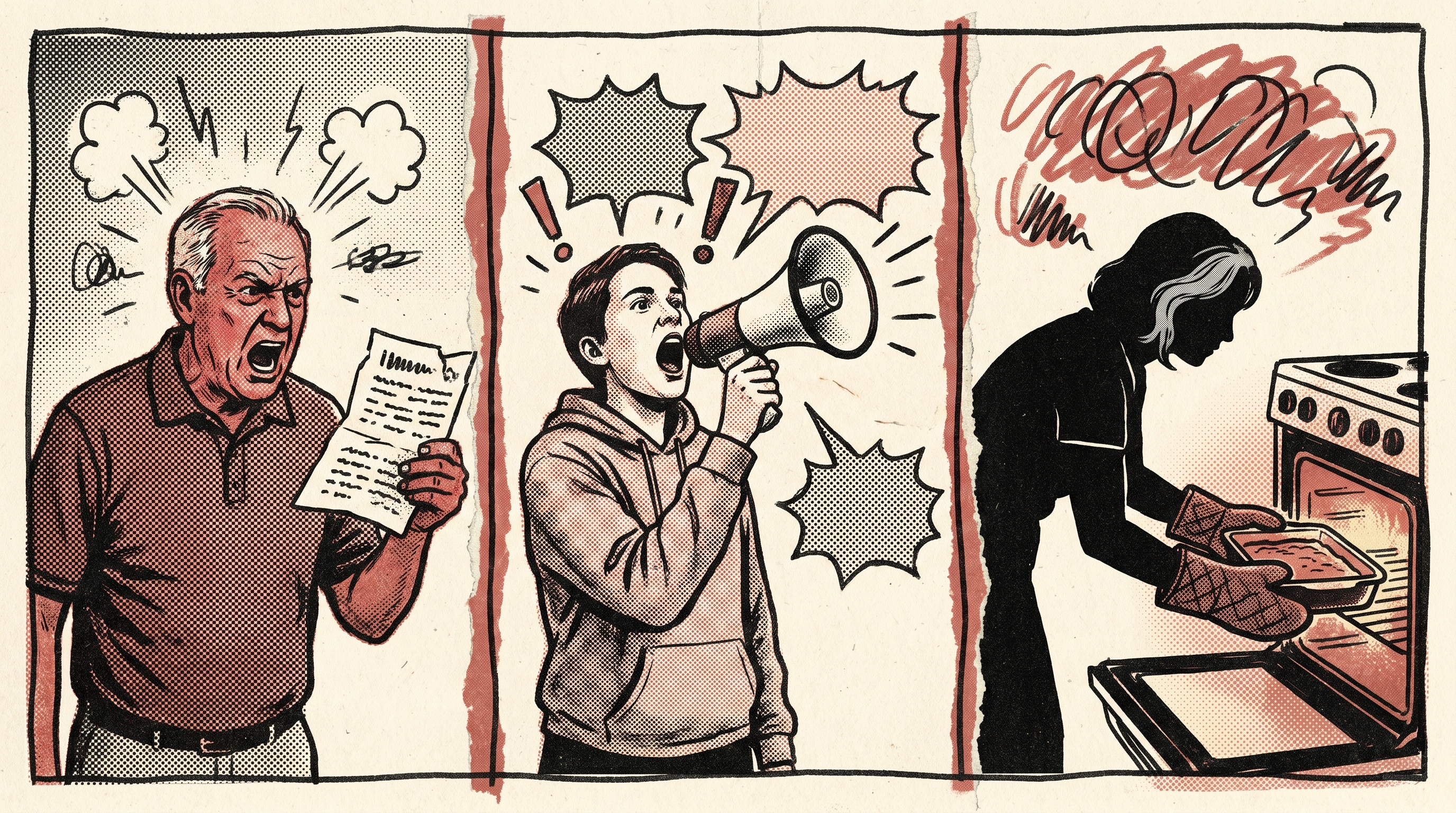 A three-panel zine collage: a Boomer shouting at a pension statement, a Millennial with a megaphone, a Gen X woman quietly sliding a pan into the oven.