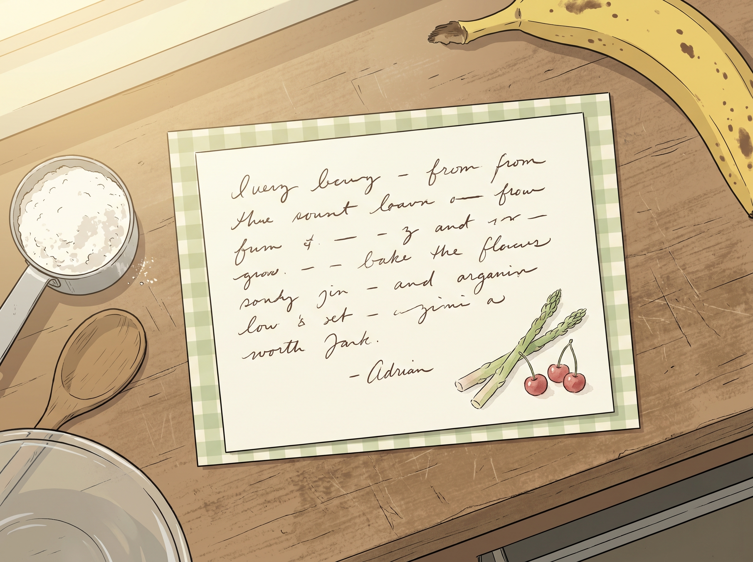 A green-checkered handwritten recipe card on a worn wooden counter, with a small watercolor of asparagus and cherries in the corner; a measuring cup of flour and a single ripe banana nearby.