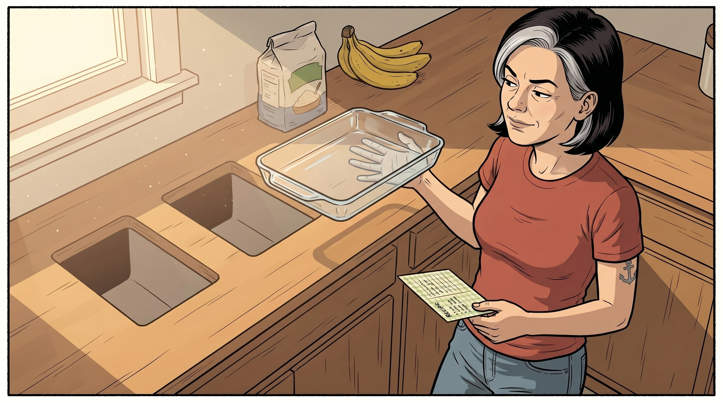Melanie at her kitchen counter, holding up a glass 13x9 pan in one hand and the recipe card in the other, slightly amused.