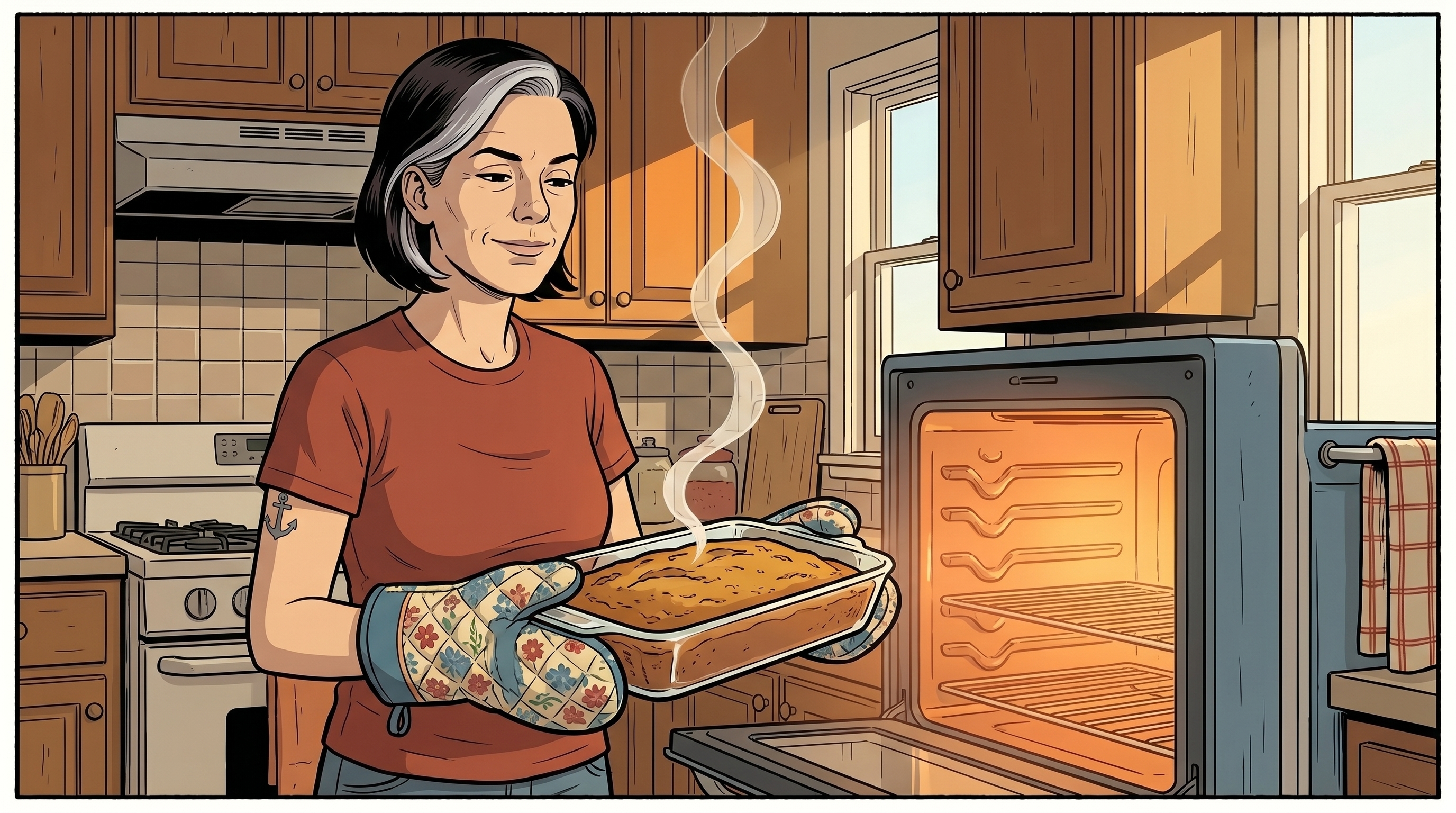 Melanie pulling a 13x9 glass dish of golden-brown banana bread from the oven, steam rising, a quiet smile on her face.