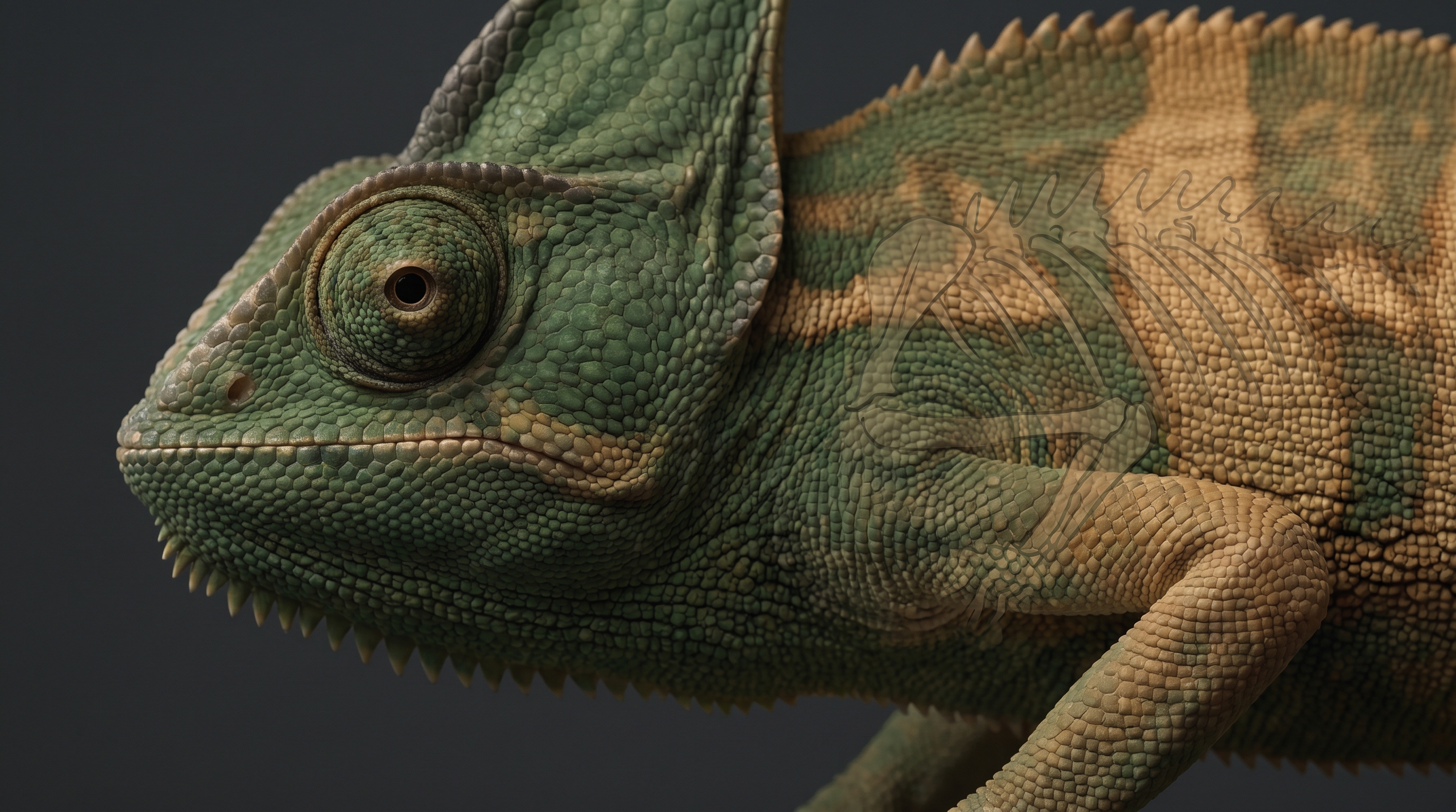 An extreme close-up of a chameleon whose skin is shifting between two colors, the same body shape visible beneath the surface.