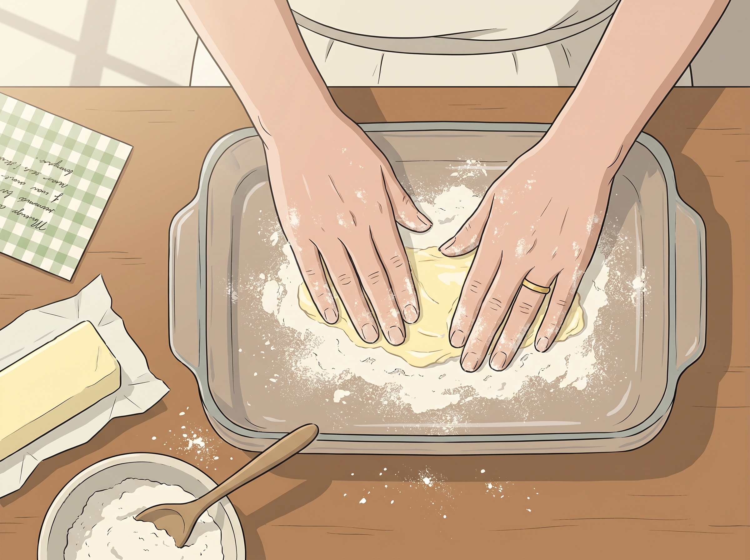 A pair of hands greasing and flouring a glass baking dish, recipe card visible nearby, flour scattered across a wooden counter.