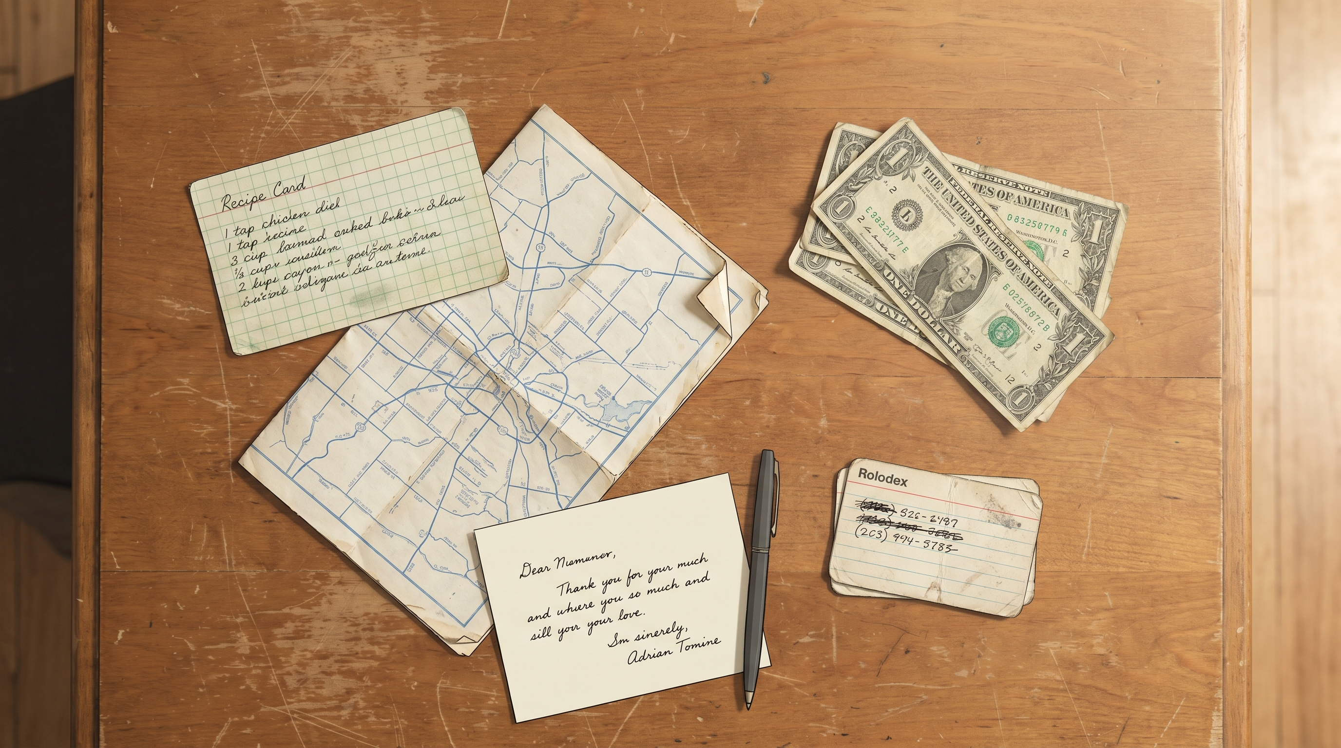 A worn wooden surface with a recipe card, a folded paper road map, three folded dollar bills, a thank-you note with a pen, and a Rolodex card with a phone number.