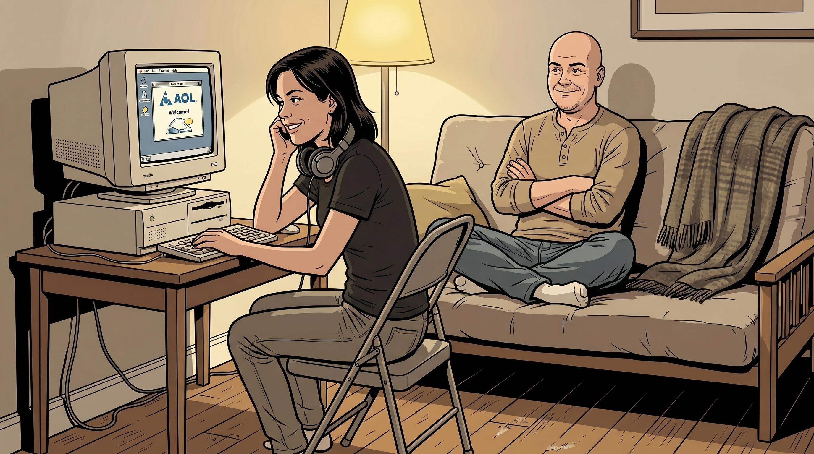 A small Queens apartment in the late 1990s; a young woman at a beige Power Macintosh listening to a dialup modem with headphones around her neck, her brother watching from the futon behind her.