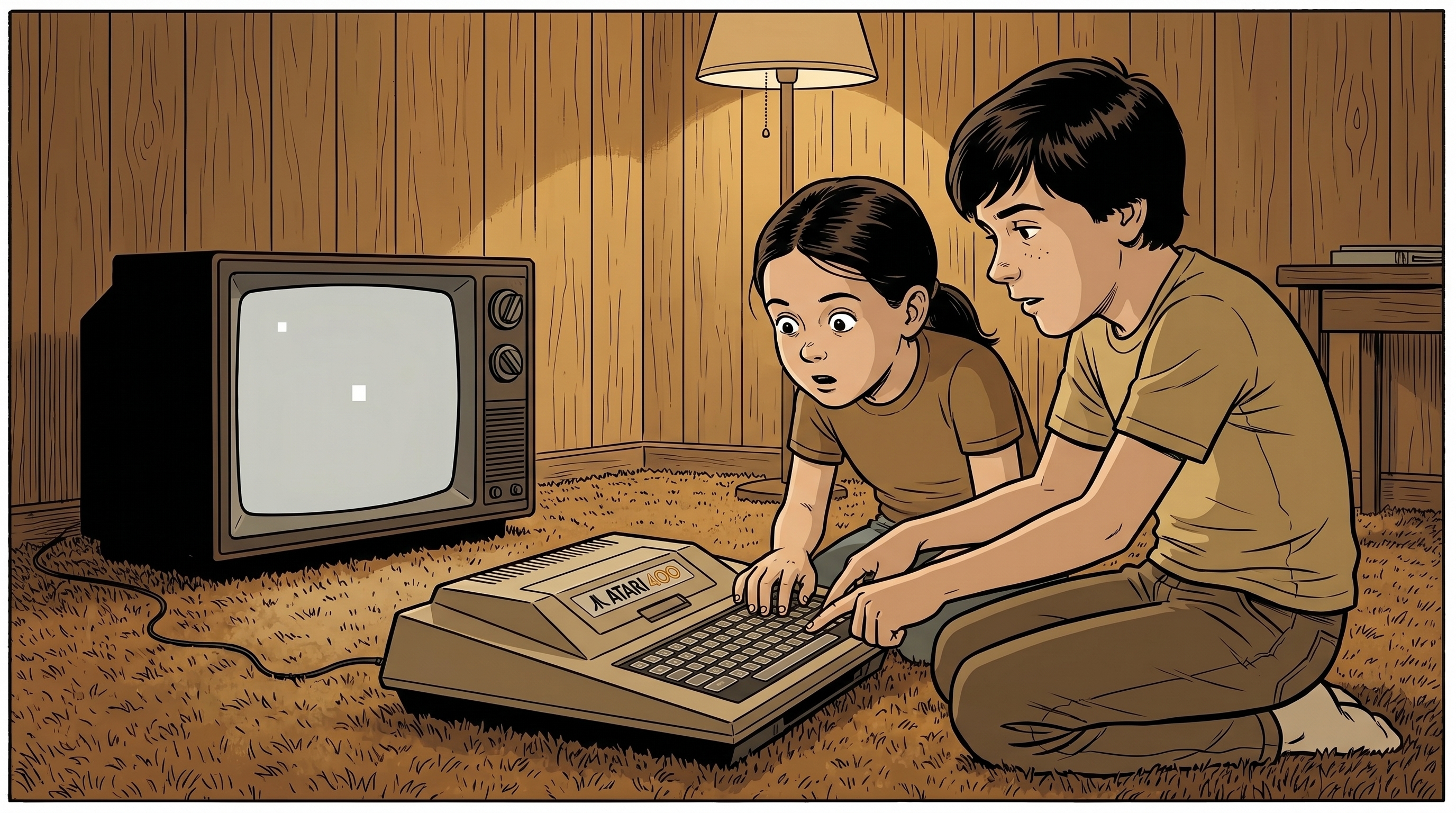 A young girl and her older brother on a brown shag carpet, leaning over an Atari computer keyboard with a CRT television showing a single white pixel-square.