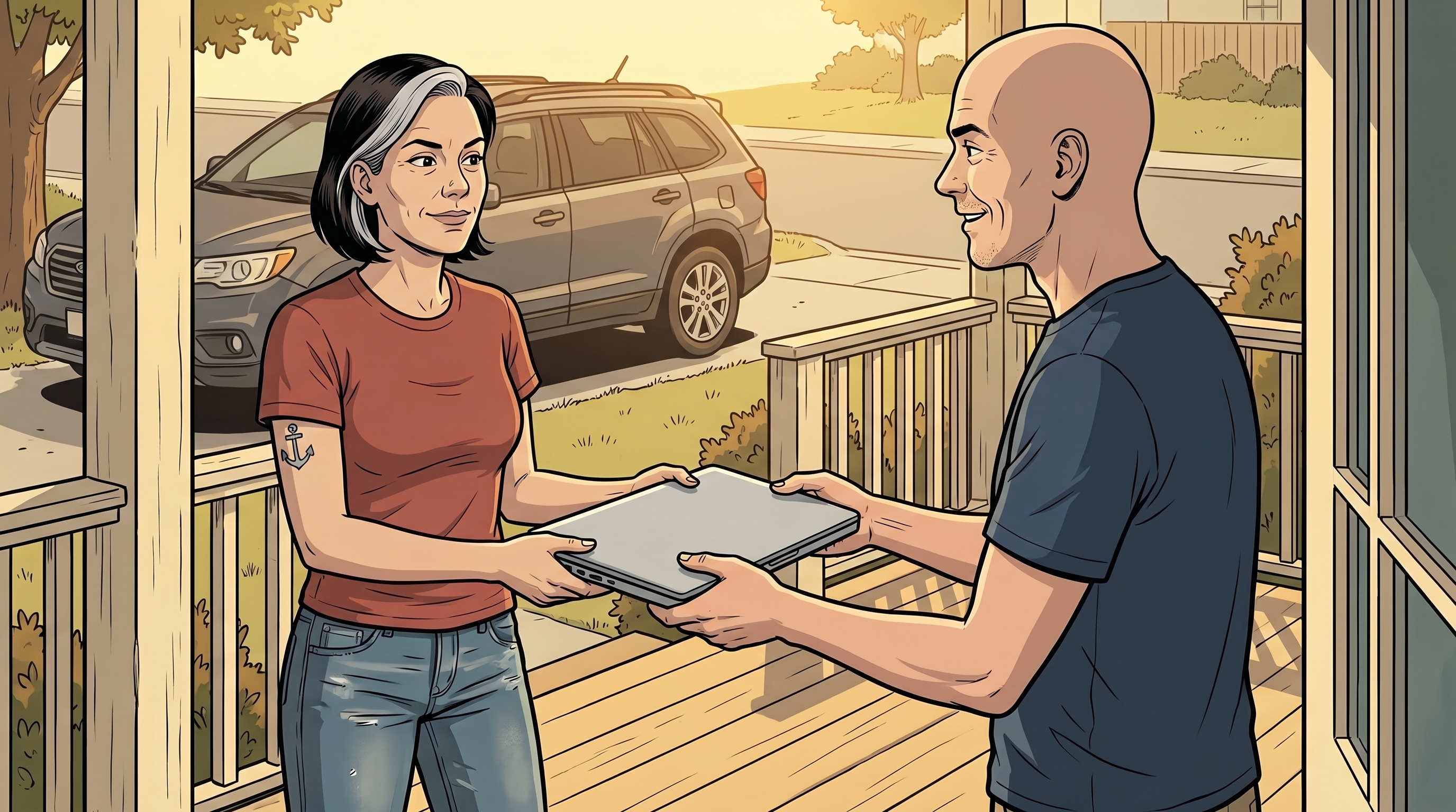 A brother handing his sister a closed silver laptop on a sunlit porch.