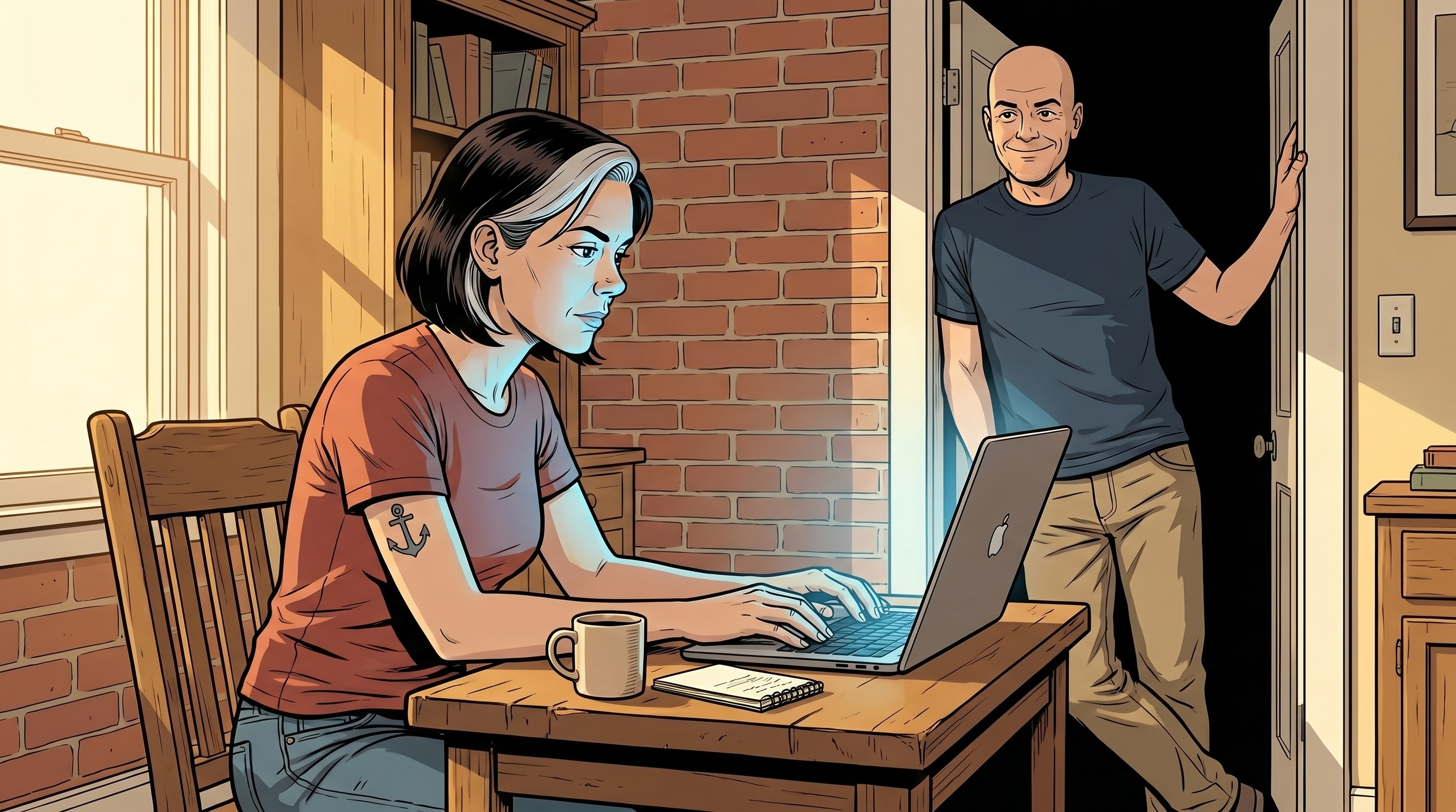 A woman at her laptop in a sunlit home office; her brother stands in the doorway behind her with the small smile of a kid at Christmas.