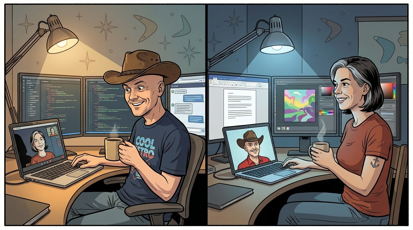Cartoon split-screen illustration. Left: JC '70 — a bald man in a brown cowboy hat and graphic tee — sits at a curved three-monitor desk holding a coffee mug; his open laptop shows Angel Eyes' video feed; his other monitors show code and an AI chat. Right: Angel Eyes '73 — a woman in her fifties with shoulder-length hair — sits at her own three-monitor desk with a coffee mug; her laptop shows JC's video feed (cowboy hat visible); her other monitors show a writing interface and a vivid art-generation tool. Atomic-age stars and boomerangs in the backgrounds of both halves.