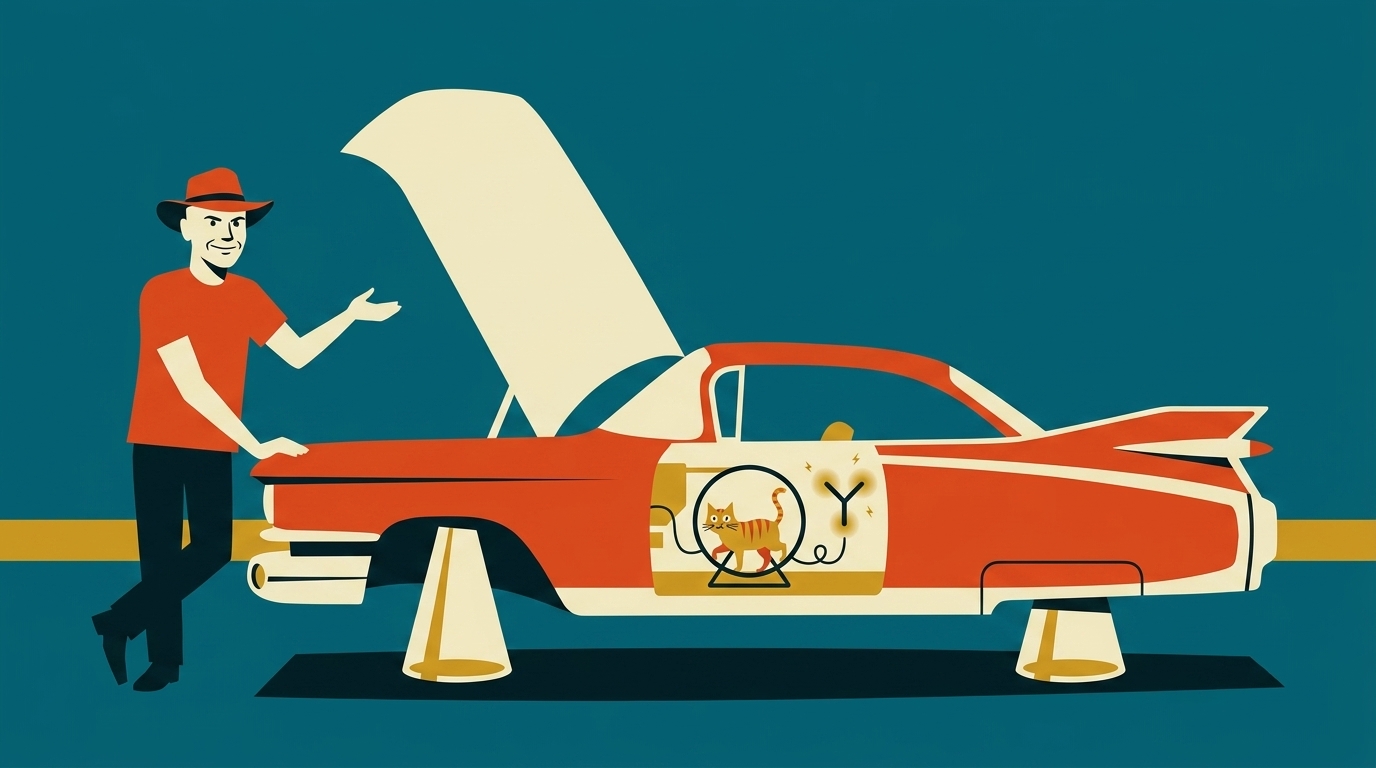Saul-Bass-style mid-century graphic illustration: JC standing at the front fender of a giant red 1959 Cadillac with the hood up, the car resting on triangular cone-shaped legs. Through a cutaway in the side, a happy orange tabby cat runs on a hamster wheel wired to a glowing yellow Y-shaped flux capacitor.